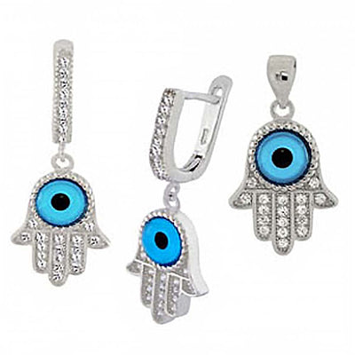 Sterling Silver Hamsa Hand Earring and Pendant Set with Earring Dimension of 13MMx34.92MM and Pendant Dimension of 13MMx22.23MM
