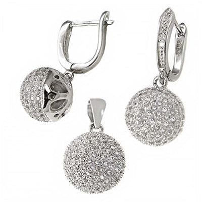 Sterling Silver Micro Pave Set Clear Cz Ball Earrings and Pendant Set with Earring Diameter of 12.7MM and Pendant Diameter of 12.7MM