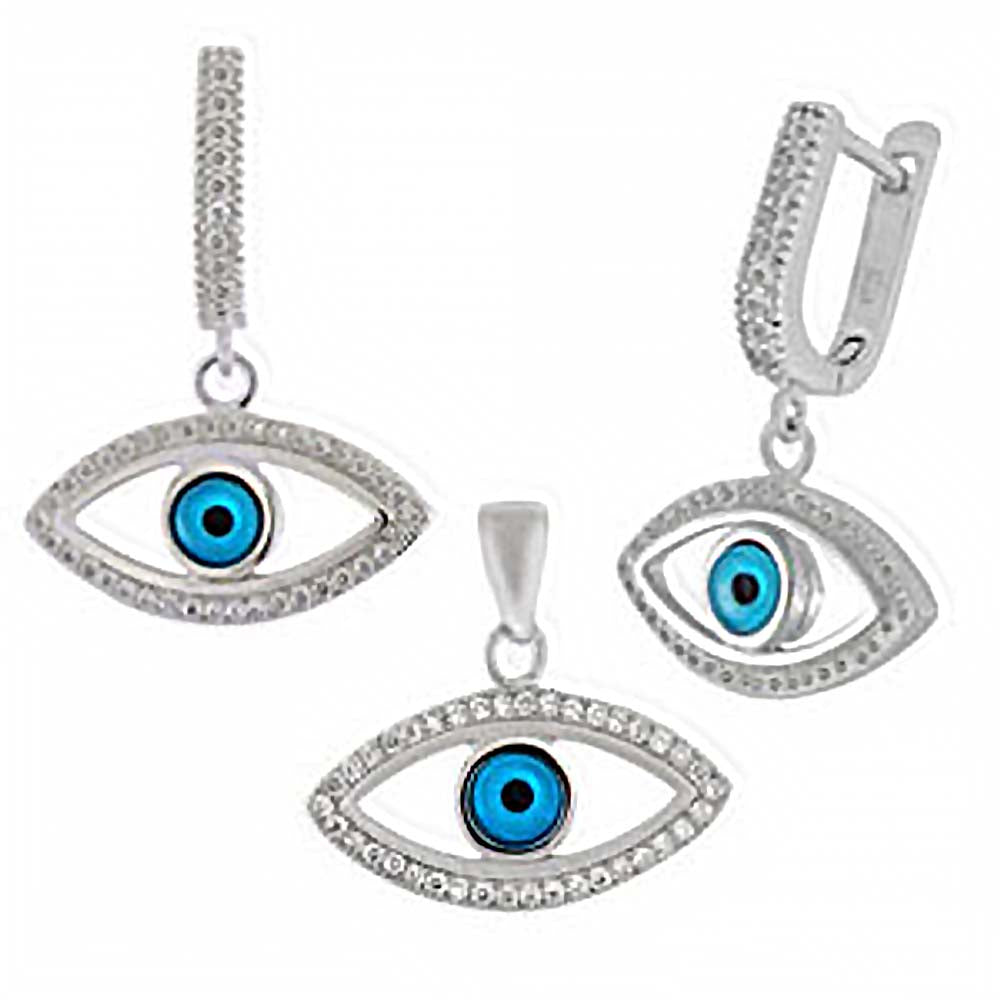 Sterling Silver Evil Eyes Clear Cz Earrings and Pendant Set with Earring Dimension of 20MMx25.4MM and Pendant Dimension of 20MMx19.05MM