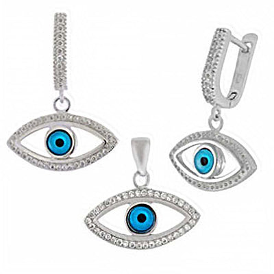 Sterling Silver Evil Eyes Clear Cz Earrings and Pendant Set with Earring Dimension of 20MMx25.4MM and Pendant Dimension of 20MMx19.05MM