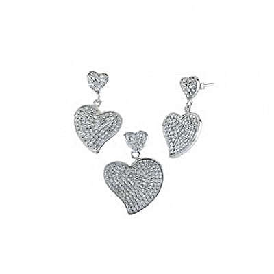 Sterling Silver Micro Pave Clear CZ Heart Pendant and Earrings Set with Pendant Dimensions of 22.5MMx31.75MM and Earring Dimensions of 16MMx25.4MM