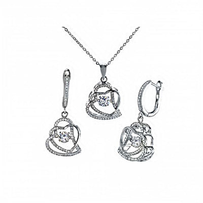 Sterling Silver Double Hearts Clear CZ Pendant and Earrings Set with Pendant Dimensions of 16MMx25.4MM and Earring Dimensions of 16MMx31.75MM