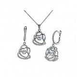 Sterling Silver Double Hearts Clear CZ Pendant and Earrings Set with Pendant Dimensions of 16MMx25.4MM and Earring Dimensions of 16MMx31.75MM