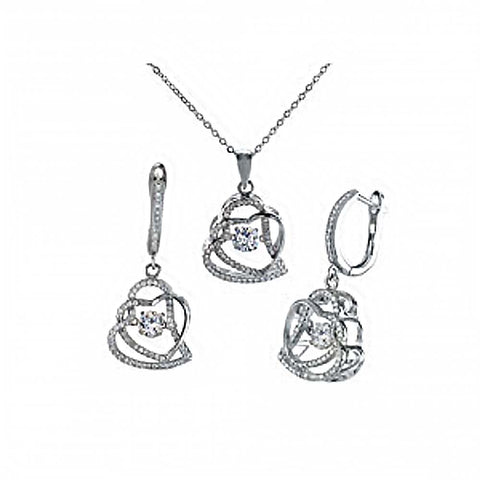 Sterling Silver Double Hearts Clear CZ Pendant and Earrings Set with Pendant Dimensions of 16MMx25.4MM and Earring Dimensions of 16MMx31.75MM