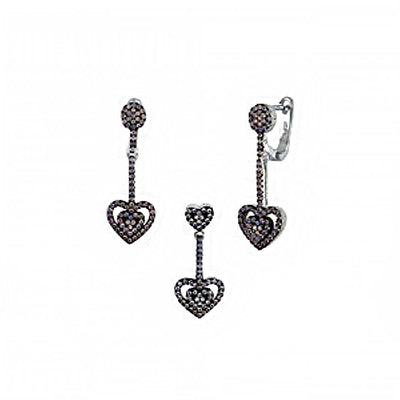 Sterling Silver Heart Nano Stone Clear CZ Pendant and Earrings Set with Pendant Dimensions of 10MMx23.81MM and Earring Dimensions of 10MMx28.58MM