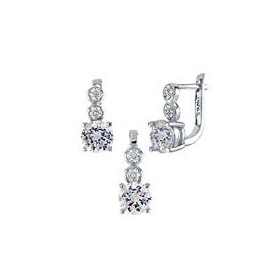 Sterling Silver Clear CZ Stylish Pendant and Earring Set with Pendant Dimensions of 7MMx19.05MM and Earring Dimensions of 7MMx12.7MM