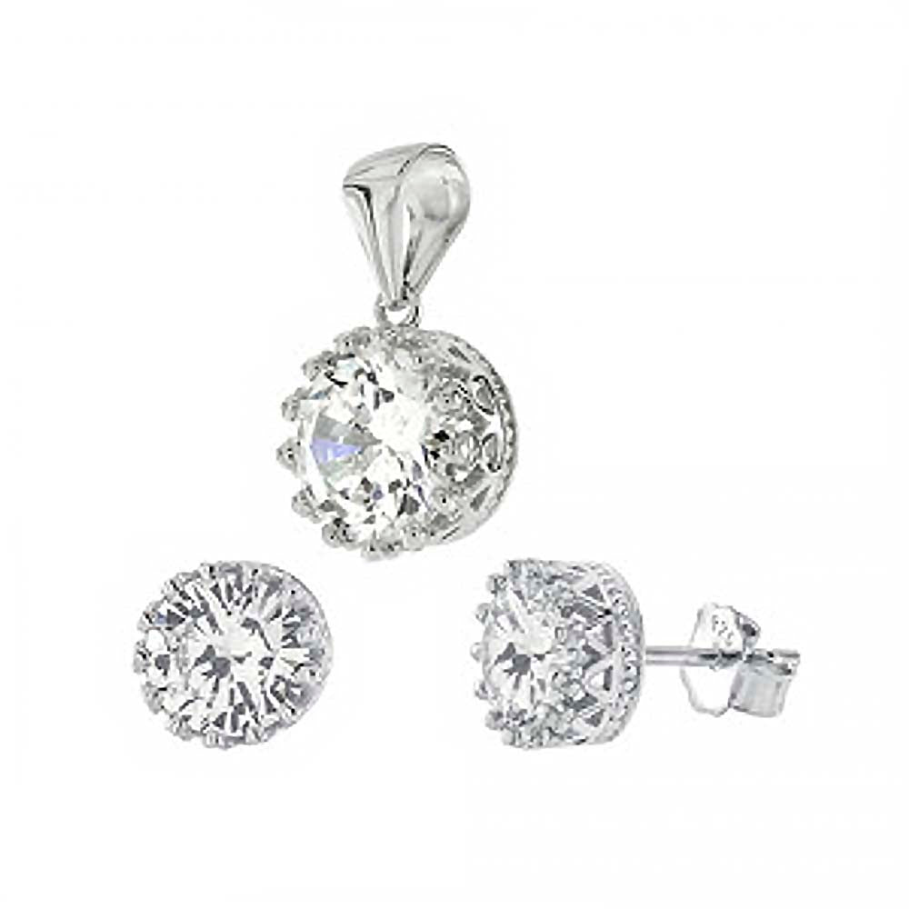 Sterling Silver Crown CZ Earrings & Pendant SetAnd Pendant Diameter 9.3mmAnd Earring 8.3mm