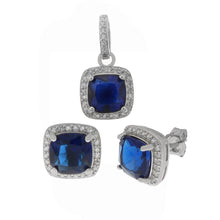Load image into Gallery viewer, Sterling Silver Simulated Sapphire And CZ Halo Earrings And Pendant Set