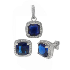 Sterling Silver Simulated Sapphire And CZ Halo Earrings And Pendant Set