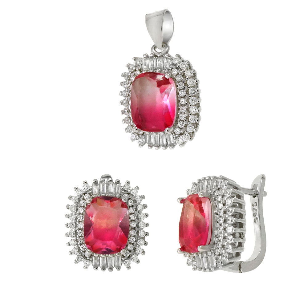 Sterling Silver Pink Crystal and CZ Earrings and Pendant Set