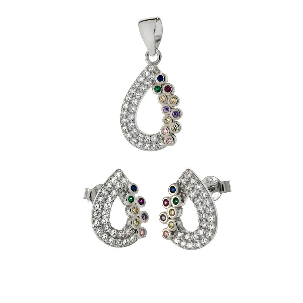 Sterling Silver Pear Shape Pave CZ Multi Color Earrings and Pendant Set