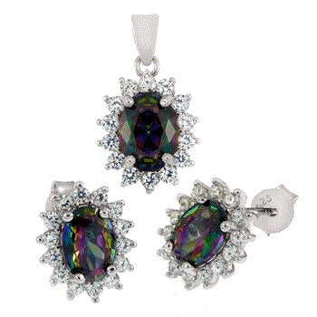 Sterling Silver Oval Mystic Topaz Halo CZ Earrings and Pendant Set