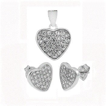 Sterling Silver Pave CZ Heart Earrings and Pendant Set