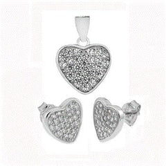 Sterling Silver Pave CZ Heart Earrings and Pendant Set