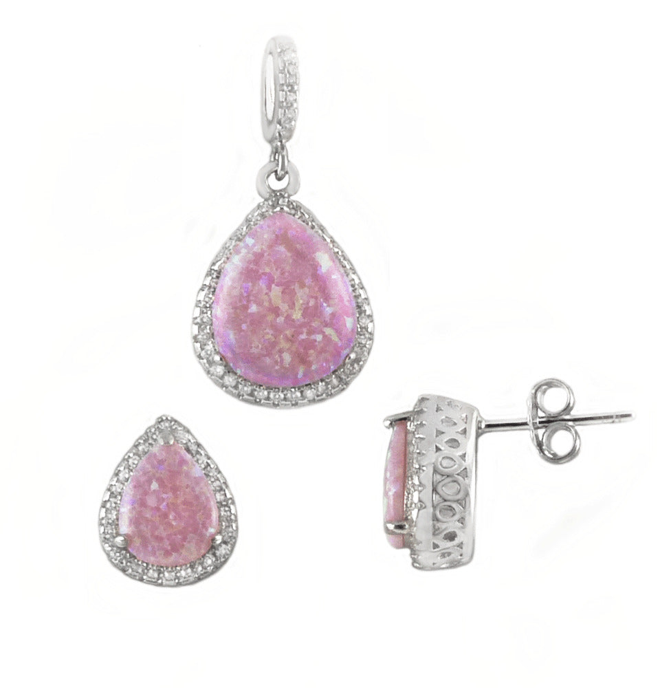Sterling Silver Simulated Pink Opal With Cubic Zirconia Earrings and Pendant Set