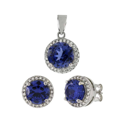 Sterling Silver Simulated Tanzanite and CZ Halo Earrings Pendant Set