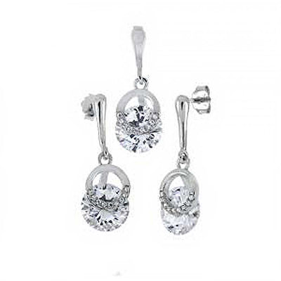 Sterling Silver Round Shaped Earrings And Pendant Set With CZ StonesAnd Pendant Length 7/8 inchesAnd Earring Length 1 inchAnd Diameter 9mm
