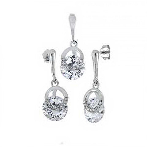 Sterling Silver Round Shaped Earrings And Pendant Set With CZ StonesAnd Pendant Length 7/8 inchesAnd Earring Length 1 inchAnd Diameter 9mm