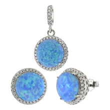 Load image into Gallery viewer, Sterling Silver Halo Lab Created Blue Opal CZ Earrings and Pendant Set