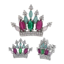 Load image into Gallery viewer, Sterling Silver Multi Color CZ Crown Earrings And Pendant SetAnd Weight 6.9gramAnd Pendant width 27.7mmAnd Earring Width 18mm