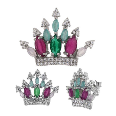 Sterling Silver Multi Color CZ Crown Earrings And Pendant SetAnd Weight 6.9gramAnd Pendant width 27.7mmAnd Earring Width 18mm