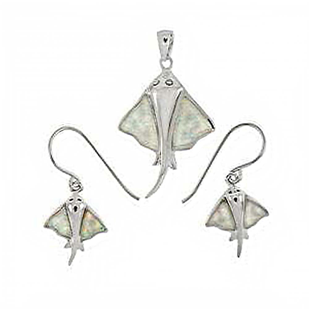 Sterling Silver Simulated White Opal Stingray Shaped Earrings And Pendant Set