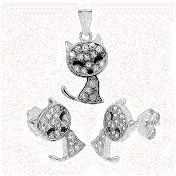 Sterling Silver Cat Earrings and Pendant Set