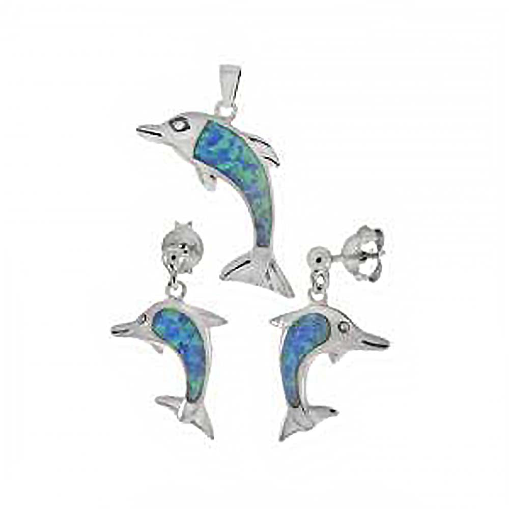 Sterling Silver Simulated Blue Opal Dolphin Shaped Earrings And Pendant Set