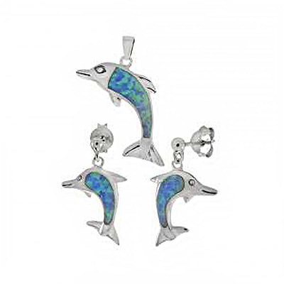 Sterling Silver Simulated Blue Opal Dolphin Shaped Earrings And Pendant Set