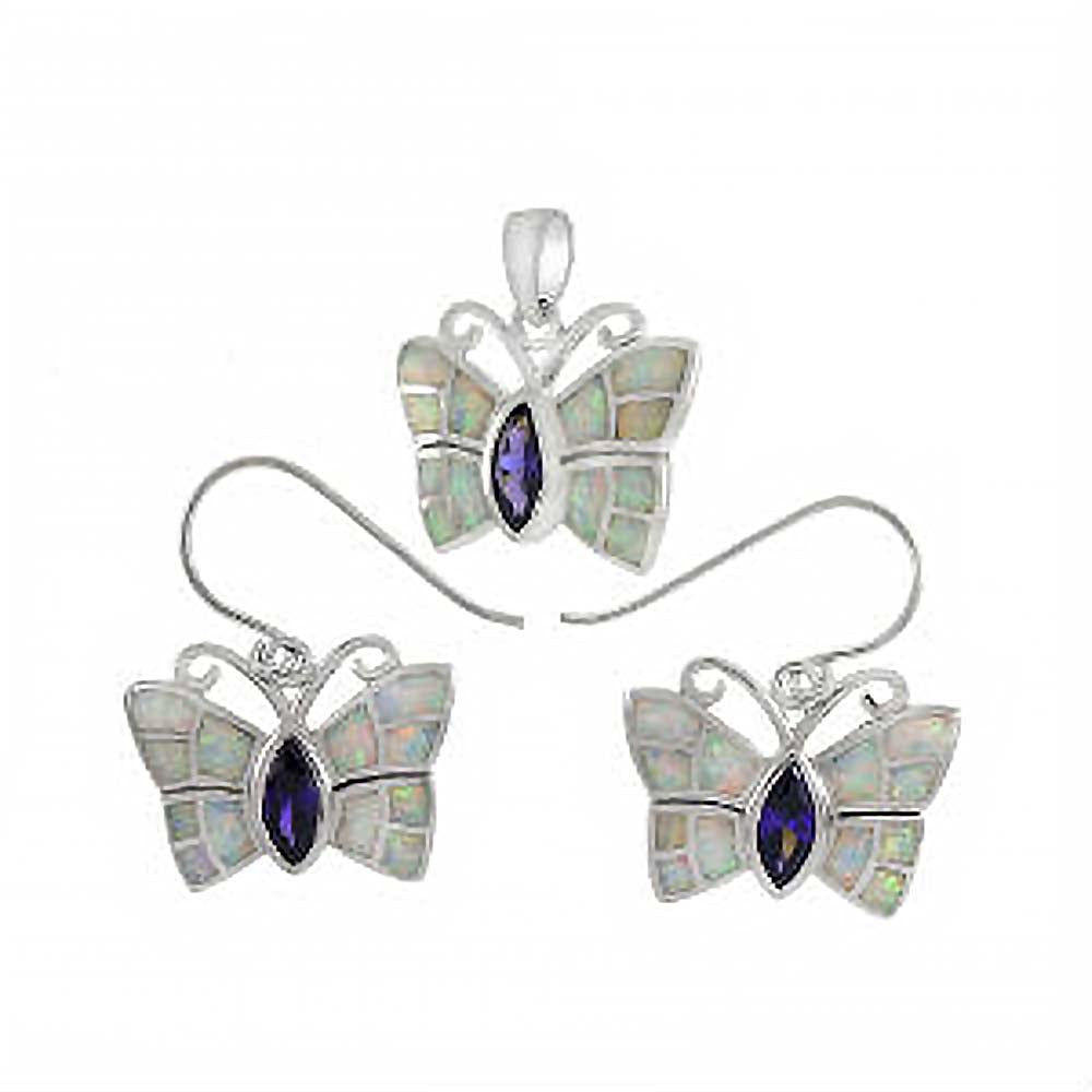 Sterling Silver Simulated White Opal Butterfly Shaped Earrings And Pendant Set With Amethyst CZAnd Pendant Length 7/8 inchAnd Earring Length 1 inchAnd Width 21.2 mm