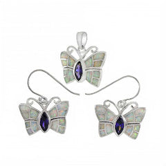 Sterling Silver Simulated White Opal Butterfly Shaped Earrings And Pendant Set With Amethyst CZAnd Pendant Length 7/8 inchAnd Earring Length 1 inchAnd Width 21.2 mm