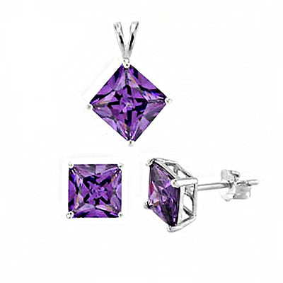 Stylish Sterling Silver Amethyst Princess Cut CZ Earrings and Pendant SetAnd Pendant CZ Size of 7MM and Earrings CZ Size of 6MM