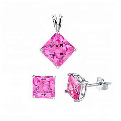 Stylish Sterling Silver Pink Princess Cut CZ Earrings and Pendant SetAnd Pendant CZ Size of 7MM and Earrings CZ Size of 6MM