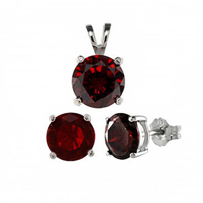 Sterling Silver Round Garnet CZ Earrings and Pendant SetAnd Pendant CZ Size of 7MM and Earrings CZ size of 6MM