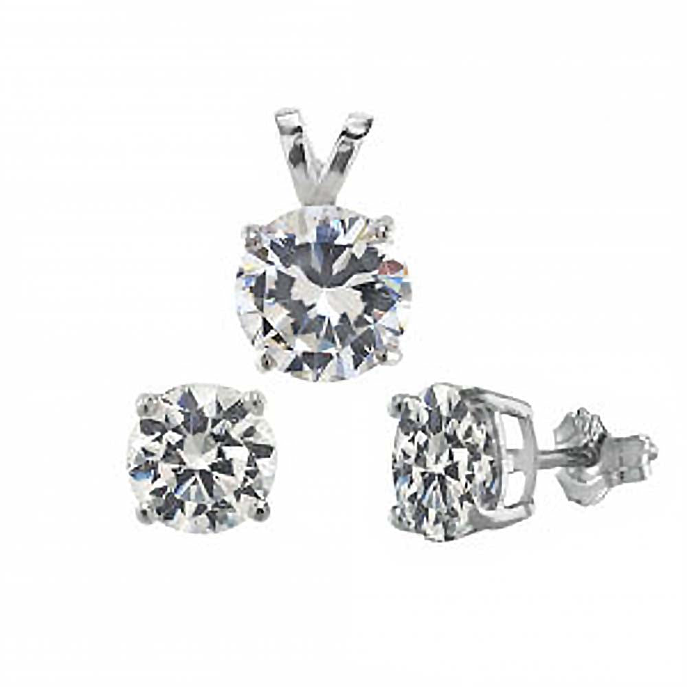 Sterling Silver Round Clear CZ Earrings and Pendant SetAnd Pendant CZ Size of 7MM and Earrings CZ size of 6MM