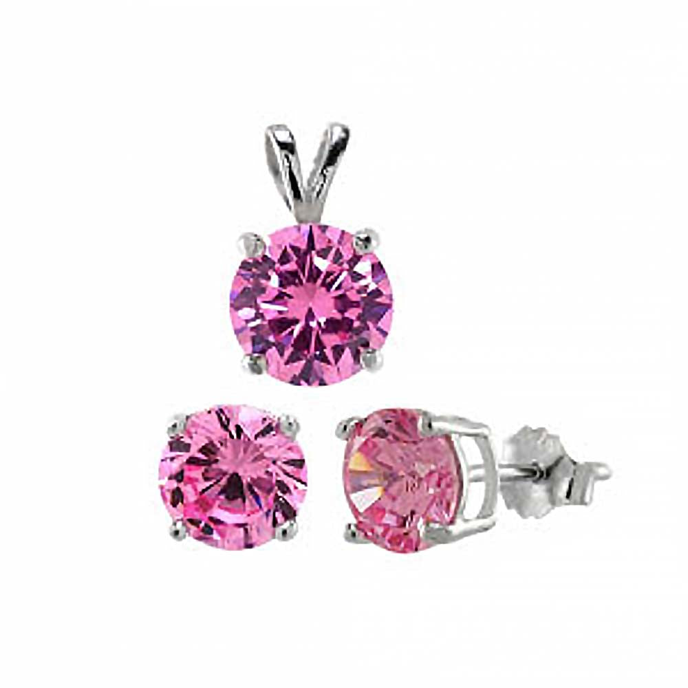 Stylish Sterling Silver Round Pink CZ Earrings and Pendant SetAnd Pendant CZ Size of 7MM and Earrings CZ size of 6MM