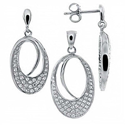 Sterling Silver Micro Pace Grade AAA Cz Earrings and Pendant with Earring Dimension of 12MMx28.58MM and Pendant Dimension of 14MMx31.75MM