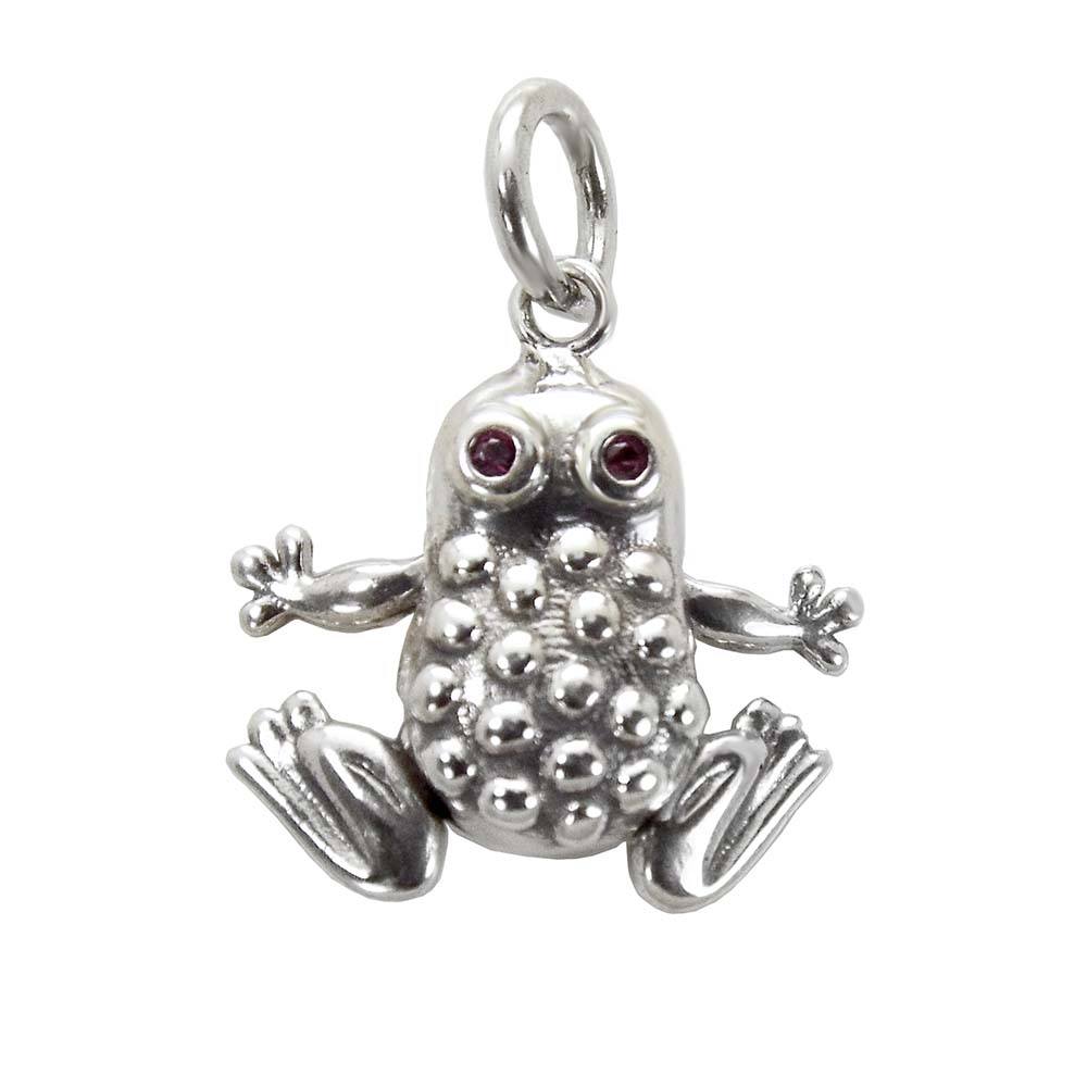 Sterling Silver Oxidized Moveable Frog W. Red Eyes