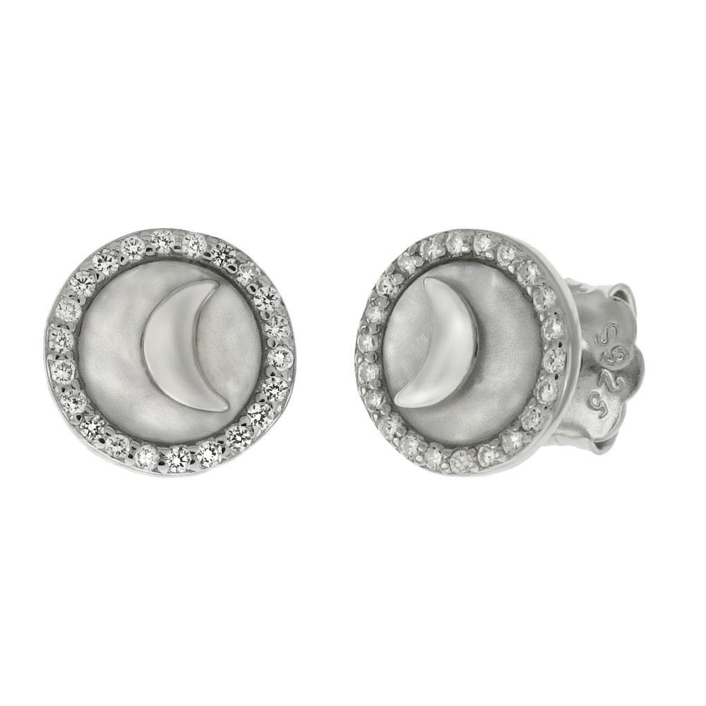 Sterling Silver Crescent Moon On Pearl Shell With CZ Stud Earrings