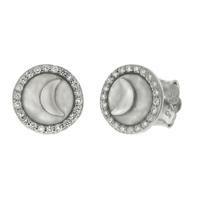 Sterling Silver Crescent Moon On Pearl Shell With CZ Stud Earrings - silverdepot