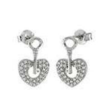 Load image into Gallery viewer, Sterling Silver Pave CZ Heart And Key Post EarringsAnd Length 5/8 inchesAnd Width 10.6mm