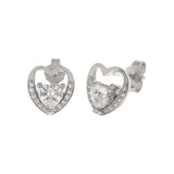 Sterling Silver CZ Heart Rhodium Stud Earrings