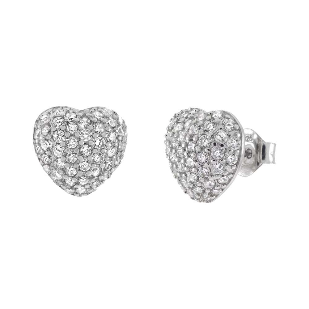 Sterling Silver Micro Pave Cubic Zirconia Heart Stud Earrings