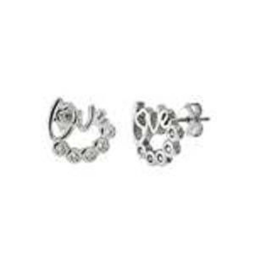 Sterling Silver Love Shaped Stud Earrings With CZ StonesAnd Diameter 11 mm