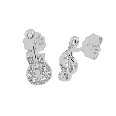 Sterling Silver Guitar And Treble Note CZ Stud Earrings Width-4.8mm, Height-11mm