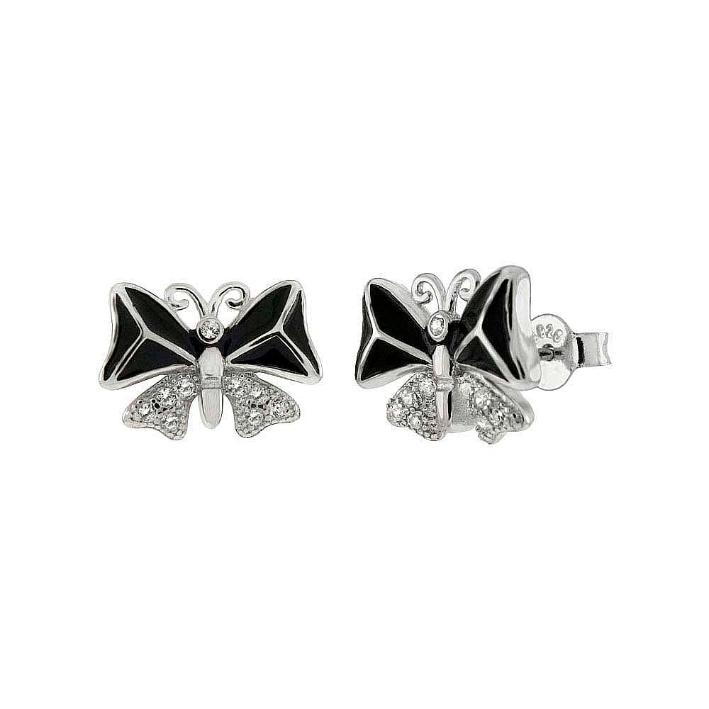Sterling Silver CZ And Black Enamel Butterfly Shaped Stud Earrings