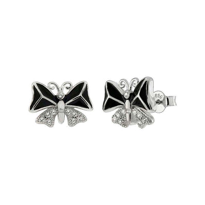 Sterling Silver CZ And Black Enamel Butterfly Shaped Stud Earrings