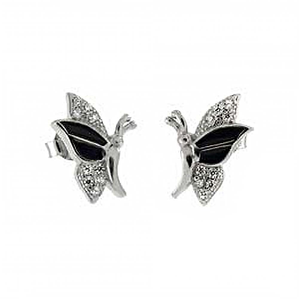Sterling Silver CZ And Black Enamel Butterfly Shaped Stud Earrings