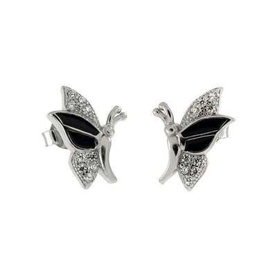 Sterling Silver CZ And Black Enamel Butterfly Shaped Stud Earrings