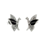 Sterling Silver CZ And Black Enamel Butterfly Shaped Stud Earrings